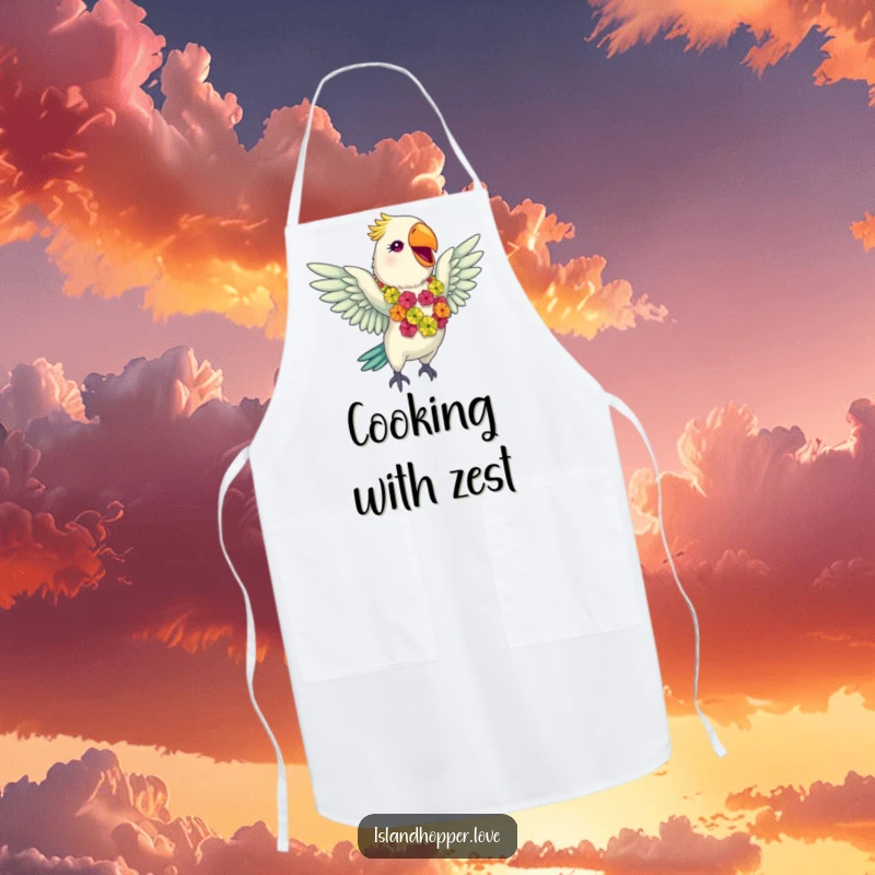 Funny giddy parrot in a colorful lei flapping wings gleefully on an apron, perfect for a chef with a tropical flair.