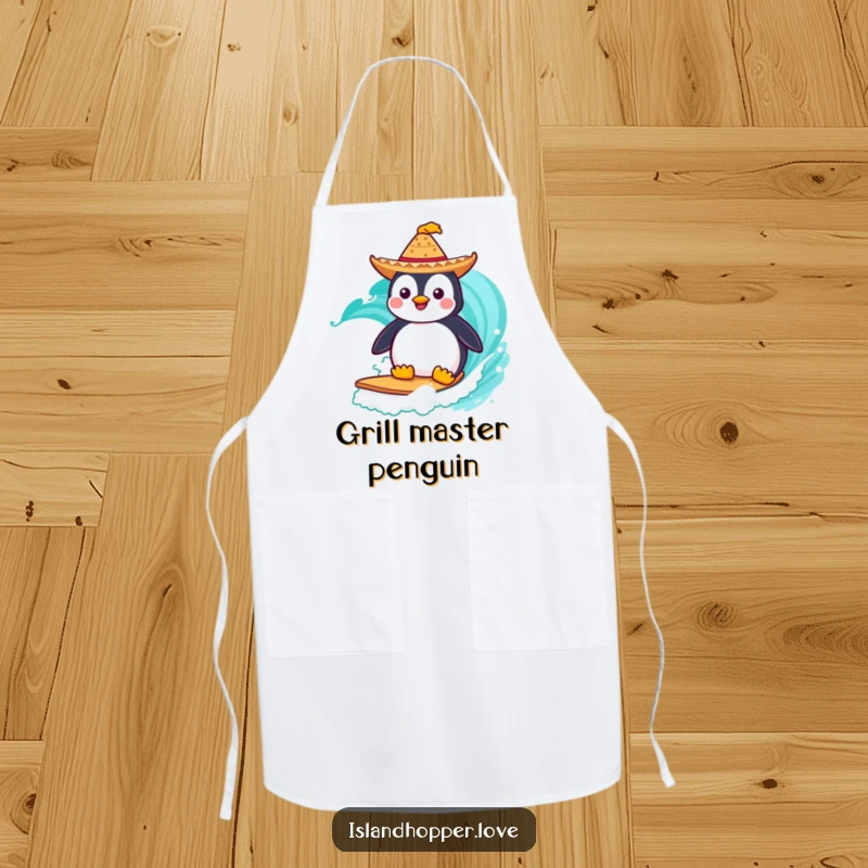Funny Apron: A penguin wearing a sombrero surfs a turquoise wave, perfect for a fun and festive cooking experience.