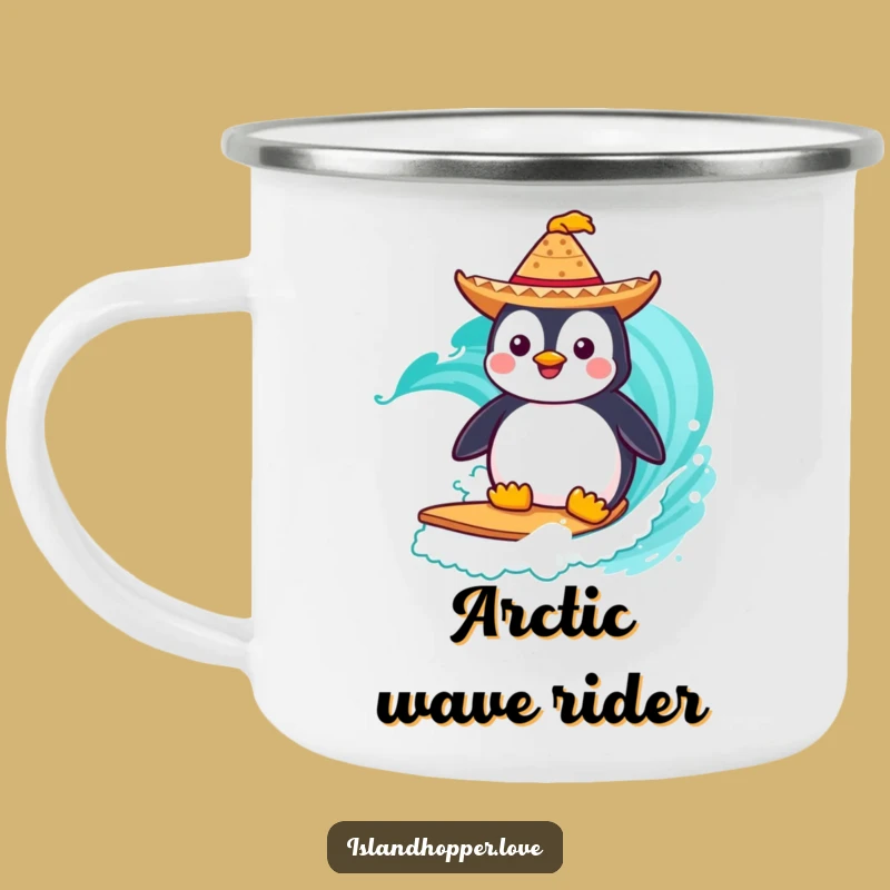 Funny Penguin Camping Mug: Surf Fiesta Vibes for Outdoor Fun