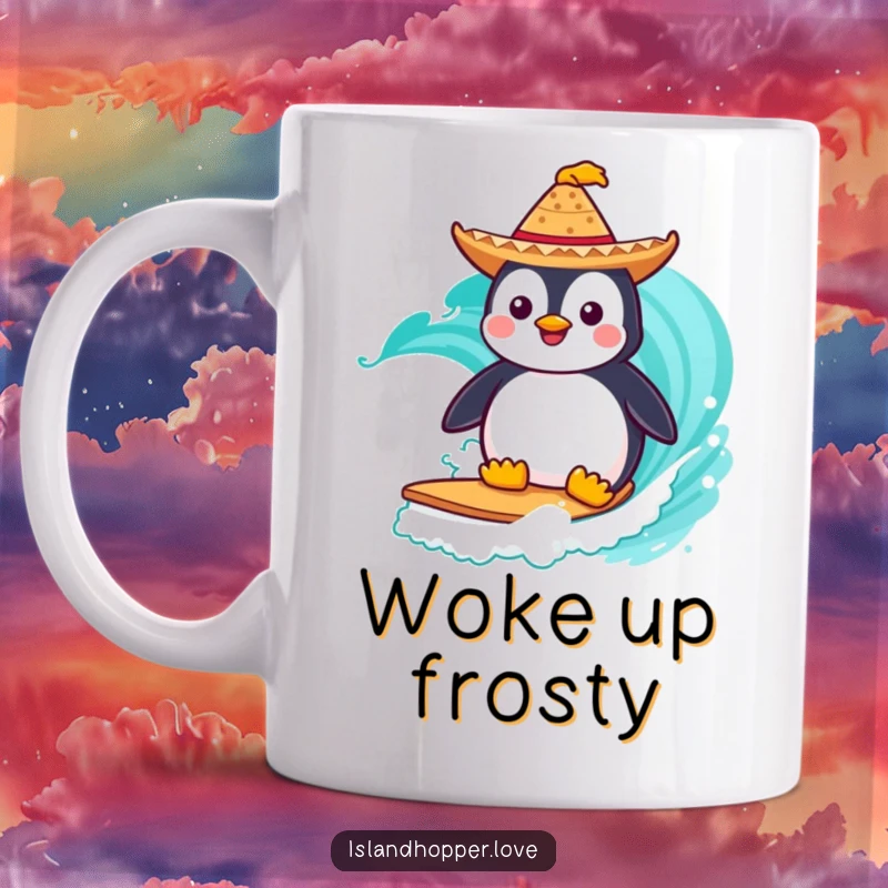 Funny Mug: A happy penguin in a tiny sombrero joyfully surfs a bright turquoise wave, embodying summer fun.