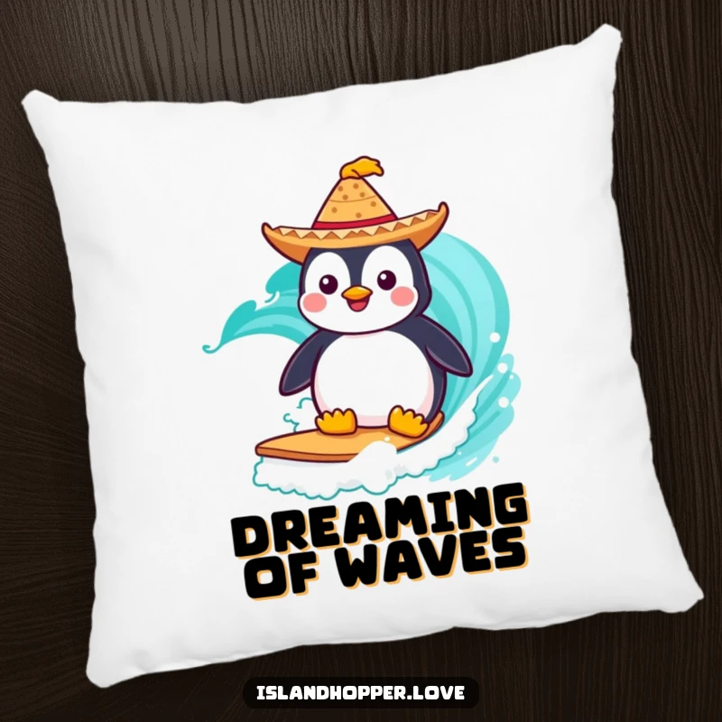 Funny Pillow: A penguin in a sombrero surfs a turquoise wave, offering comfort and humorous beach vibes.