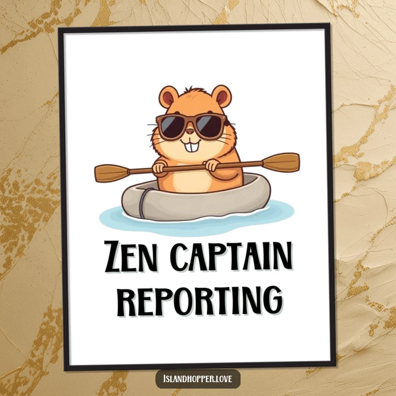 Funny capybara digital art print of a capybara wearing sunglasses on a raft, offering a cool and humorous decoration.