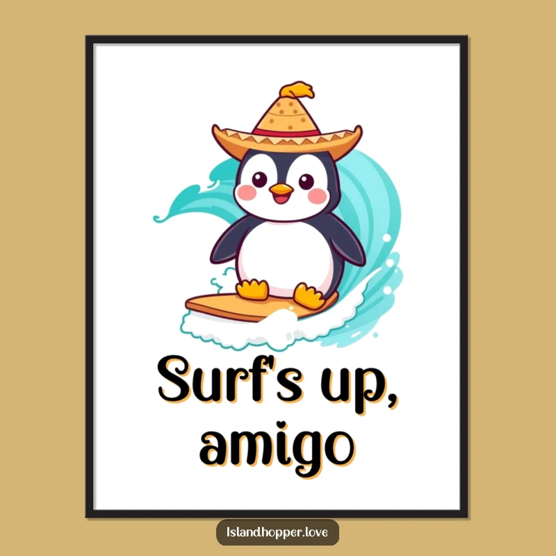 Funny Penguin Digital Art: Surfing Fiesta for Instant Wall Humor
