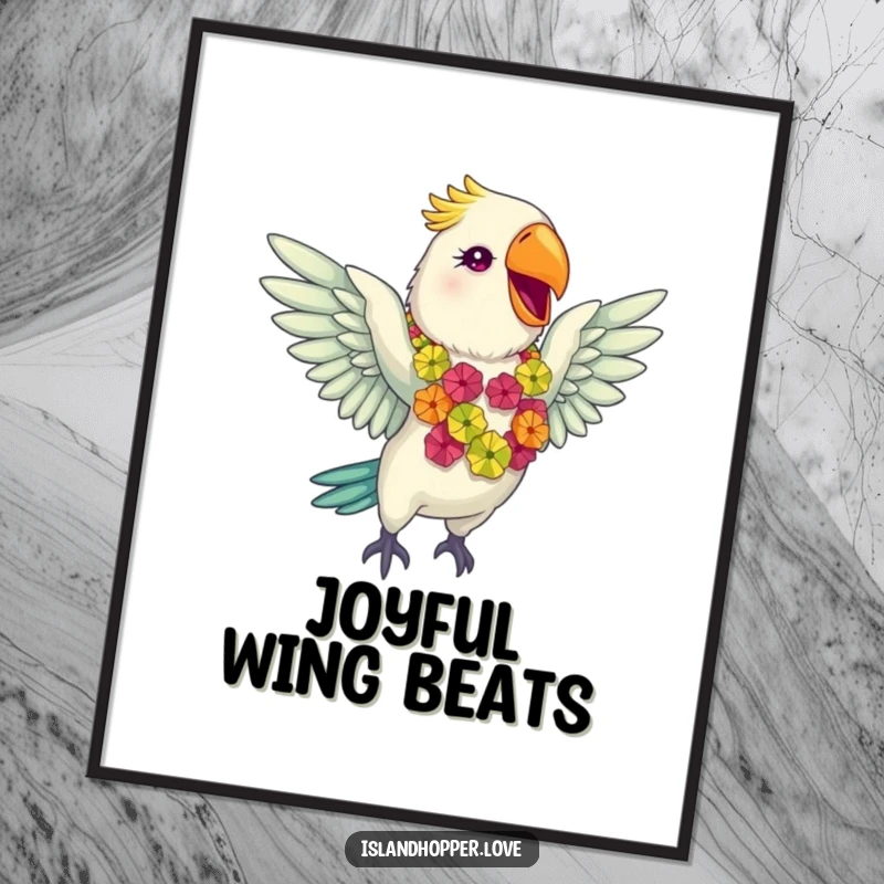 Funny giddy parrot in a colorful lei flapping wings gleefully on digital art, bringing vibrant tropical energy to decor.