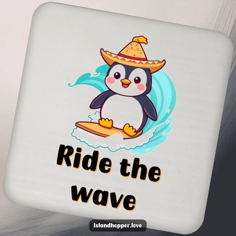 Funny Coasters: A penguin in a sombrero surfs a turquoise wave, adding fun and humor to your table.