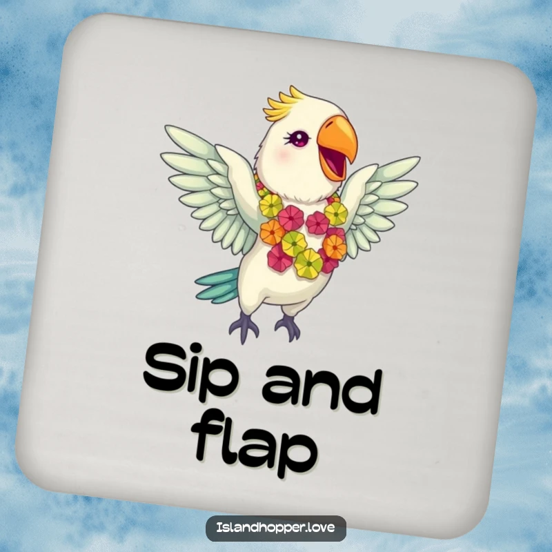Funny giddy parrot in a colorful lei flapping wings gleefully on coasters, perfect for adding a tropical, humorous touch.