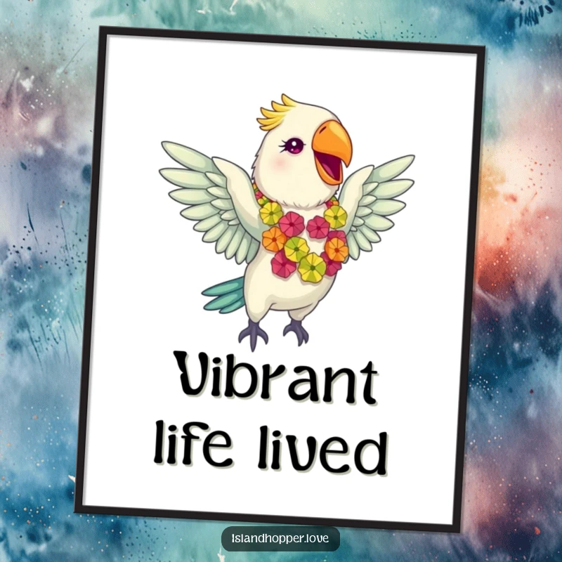 Funny giddy parrot in a colorful lei flapping wings gleefully on a poster, bringing vibrant tropical energy to any room.