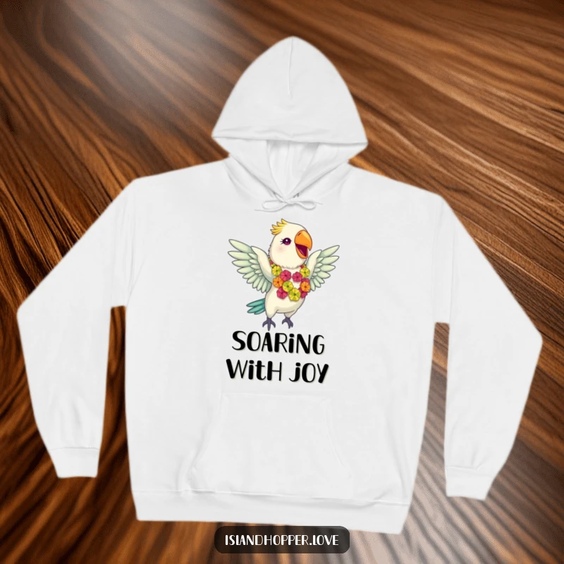 Funny giddy parrot in a colorful lei flapping wings gleefully on a cozy hoodie, perfect for warm, tropical comfort.