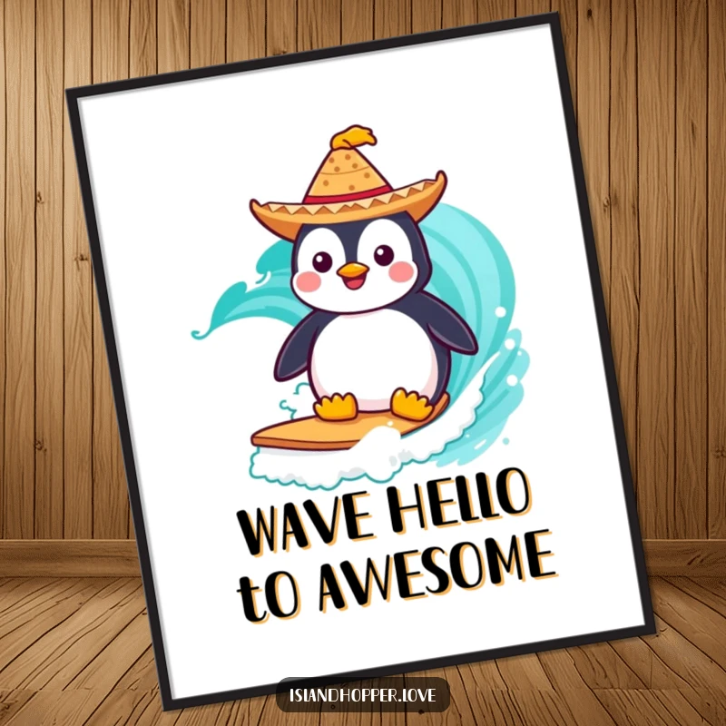 Funny Free Printable Wall Art: A joyful penguin wearing a tiny sombrero surfs a bright wave.