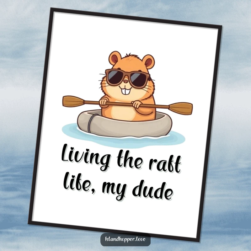 Funny Free Printable Wall Art: Smiling capybara in sunglasses paddles a raft, offering cool and humorous downloadable decor for any space.