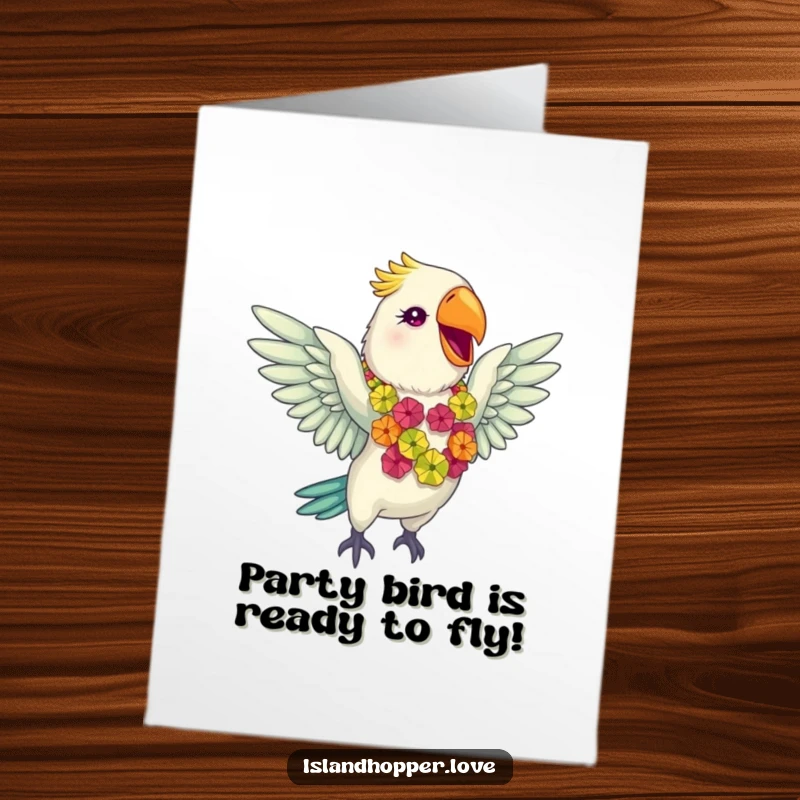 Funny Free Printable Birthday Card: Giddy parrot in a colourful lei flaps wings gleefully, celebrating with tropical downloadable art.