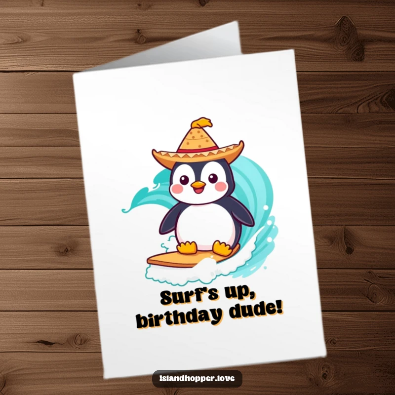 Funny Free Printable Birthday Card: Penguin in a sombrero surfing a turquoise wave with joy.