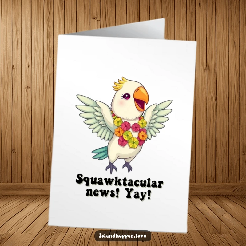 Funny Free Printable Congratulations Card: Giddy parrot in a lei flaps wings, perfect for festive, downloadable congratulations art.