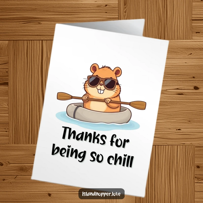 Funny Free Printable Thank You Card: Capybara wearing sunglasses paddles a raft, conveying a cool and relaxed gratitude, downloadable art.