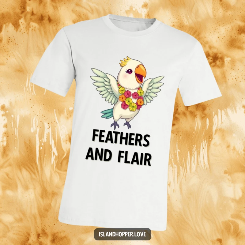 Funny giddy parrot in a colorful lei flapping wings gleefully on a t-shirt, expressing pure tropical excitement.