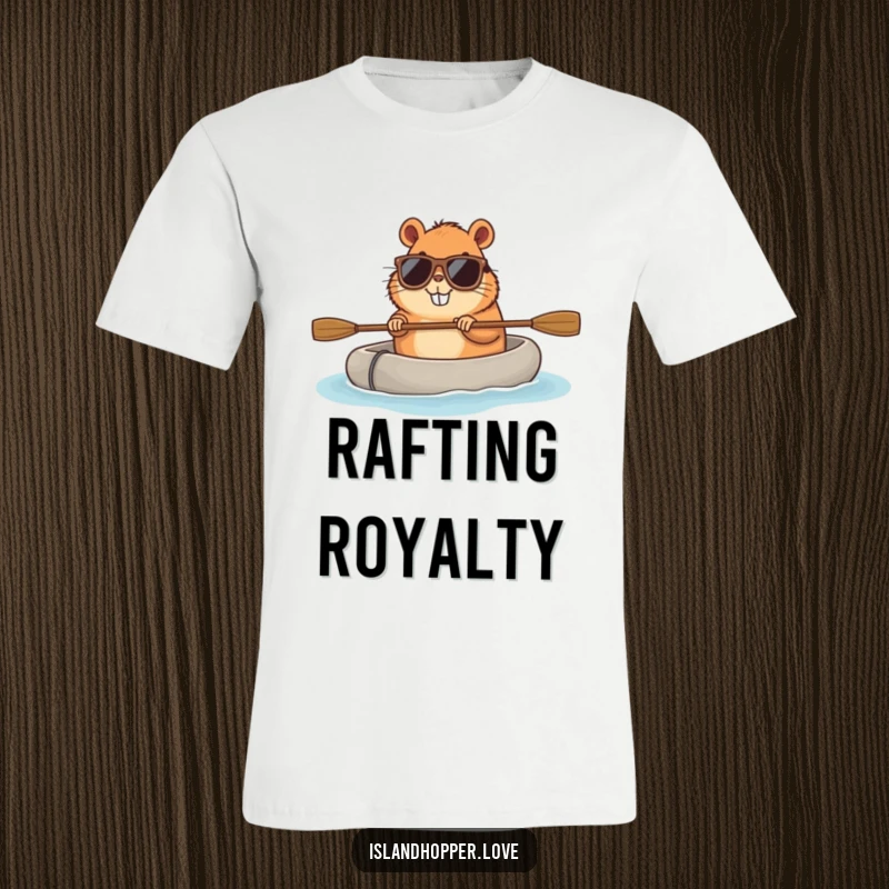 Funny capybara t-shirt with sunglasses on a raft, radiating a cool and happy vibe, perfect for casual wear.