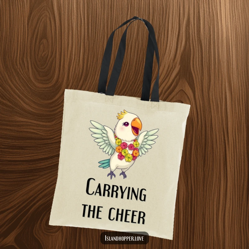 Funny giddy parrot in a colorful lei flapping wings gleefully on a tote bag, ideal for carrying essentials with flair.